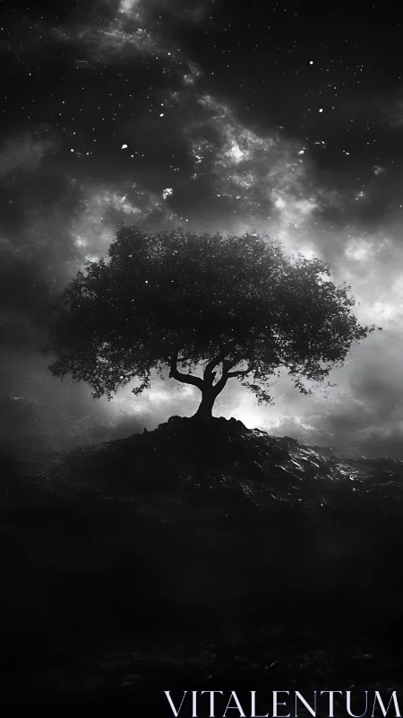 Monochrome celestial tree silhouette atop misted rise.