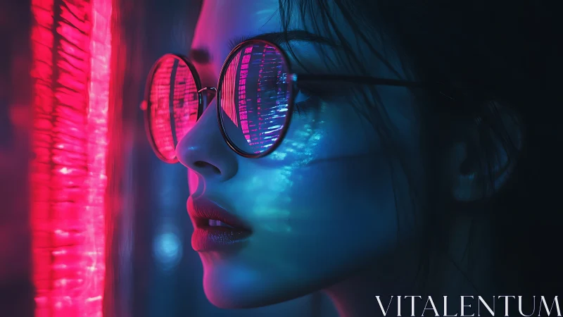 Cyberpunk portrait in neon magenta and cyan reflective glasses.