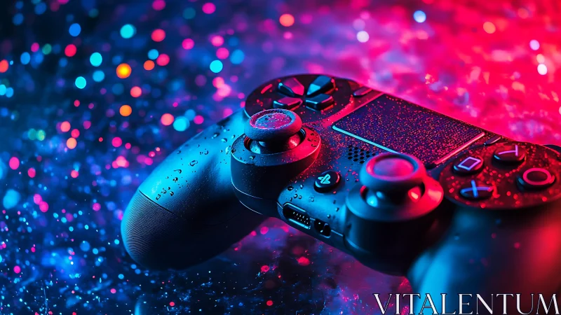 Game controller rests under neon bokeh with glossy droplets