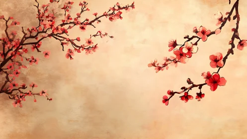 Cherry blossoms drift softly across a warm pastel sky