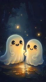 Cute glowing ghosts standing together in a dark forest.