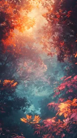 Canopy light passage: autumn foliage with chiaroscuro illumination through deciduous layers