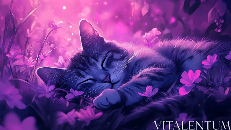 Serene Feline Resting Among Luminescent Flora: Digital Fantasy Art.