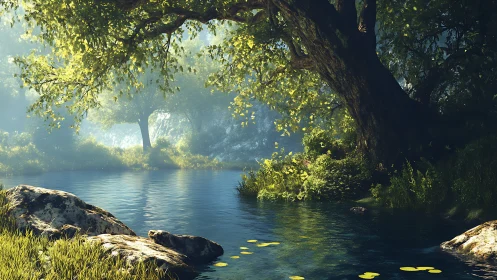 Serene riverside retreat beneath ancient trees and golden light