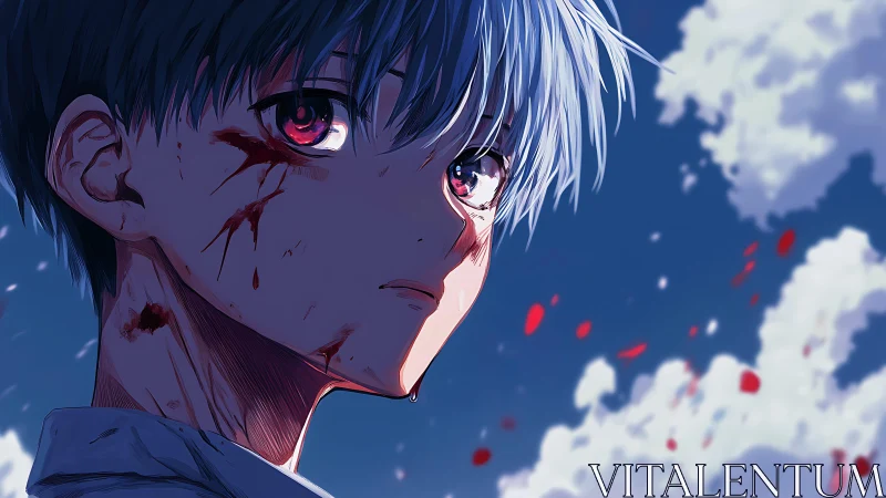 Wounded anime boy gazing skyward with quiet resilience.