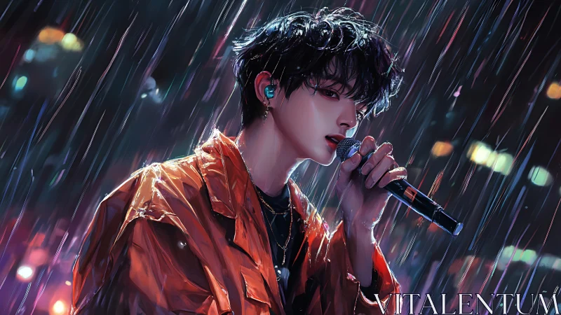 Digital portrait of a rain-soaked singer under neon stage lighting