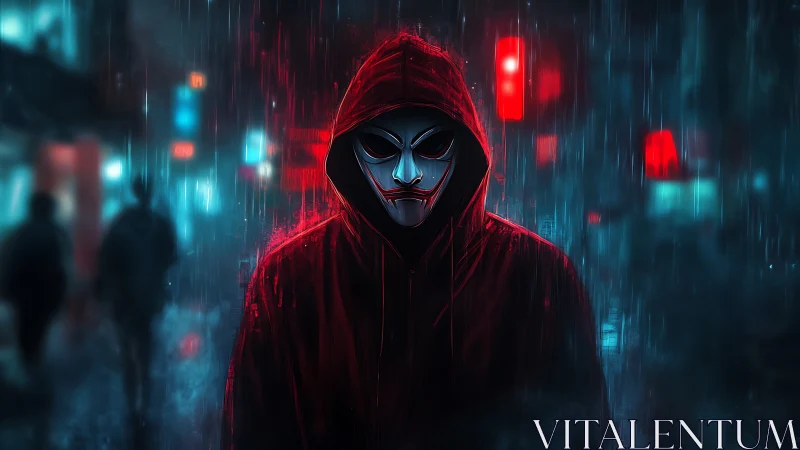 Masked figure in red hood walking through neon city rain.