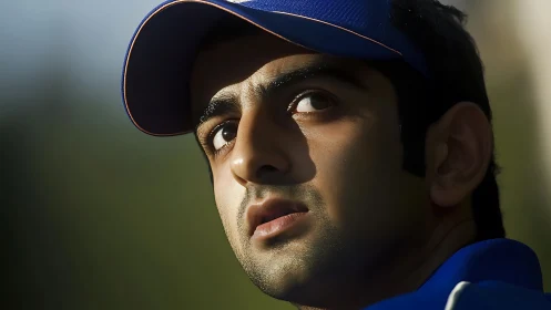 Male subject in blue sports cap under angled sunlight.