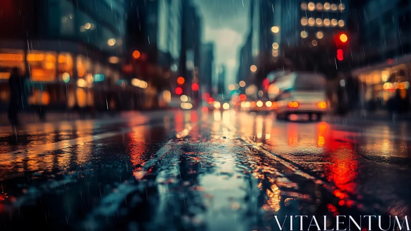 Neon city street glows across rain soaked asphalt at dusk