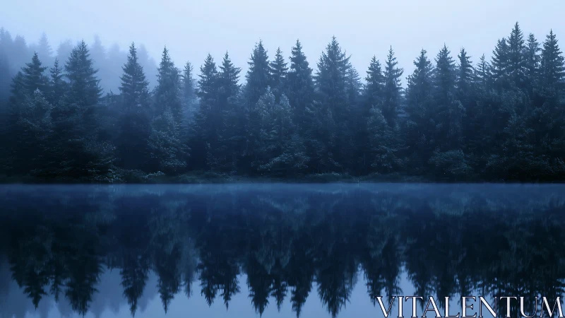 Foggy conifer forest reflects on still blue mountain lake