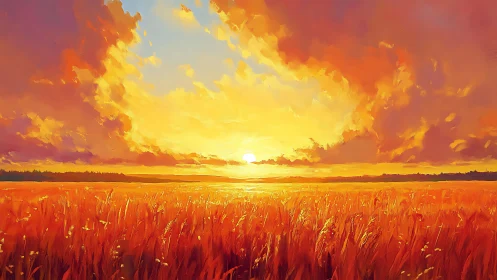 Sun-soaked wheat horizon blazing beneath molten clouds.