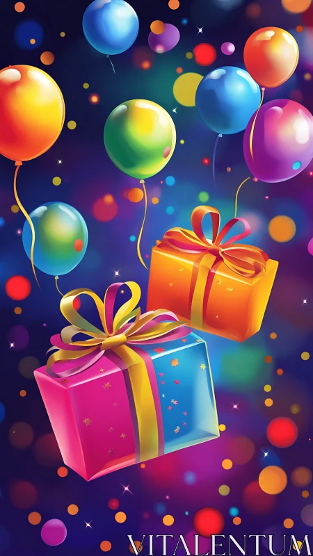 Colorful Gift Boxes and Balloons Against Festive Blue Background.