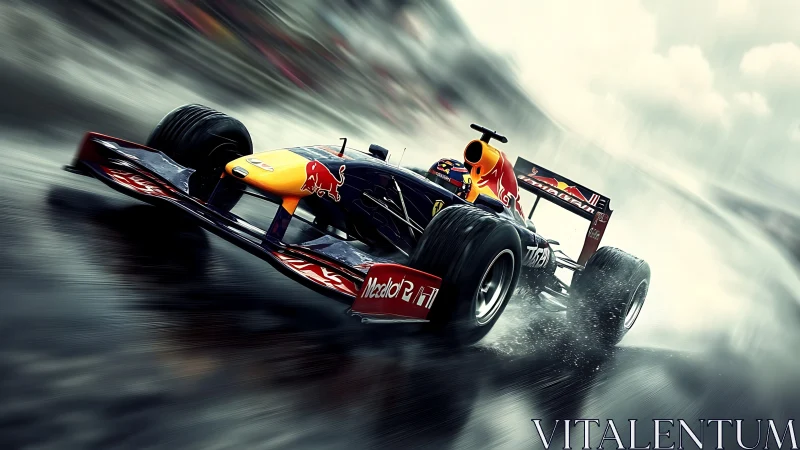 Hydrodynamic F1 chassis attacking rain-slick apex at speed.