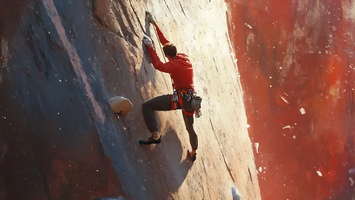 Solo rock climber scales sunlit red cliff face with focus.