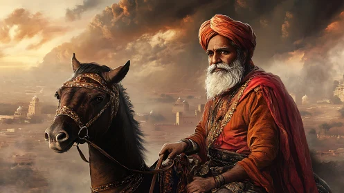 Regal horseman gazes over ancient city beneath storm clouds.