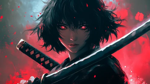 Crimson-eyed ronin emerges through storm of painted embers.