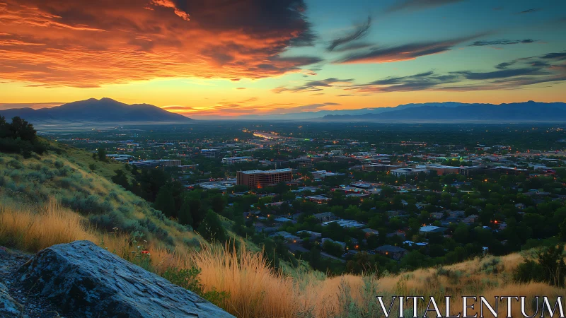 Sunset glow over a lively city cradled by soft hills.
