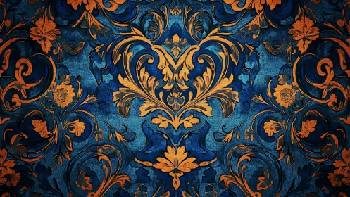 Ornate orange baroque foliage pattern over textured blue field