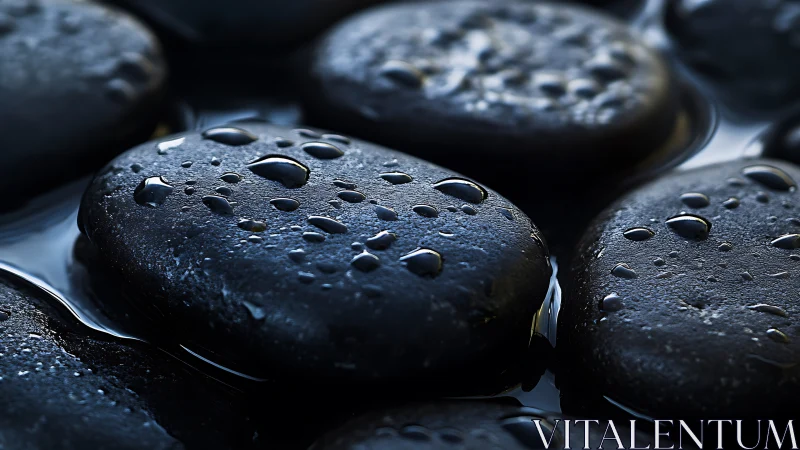 Macro optical study of wet basalt pebbles in shallow water.