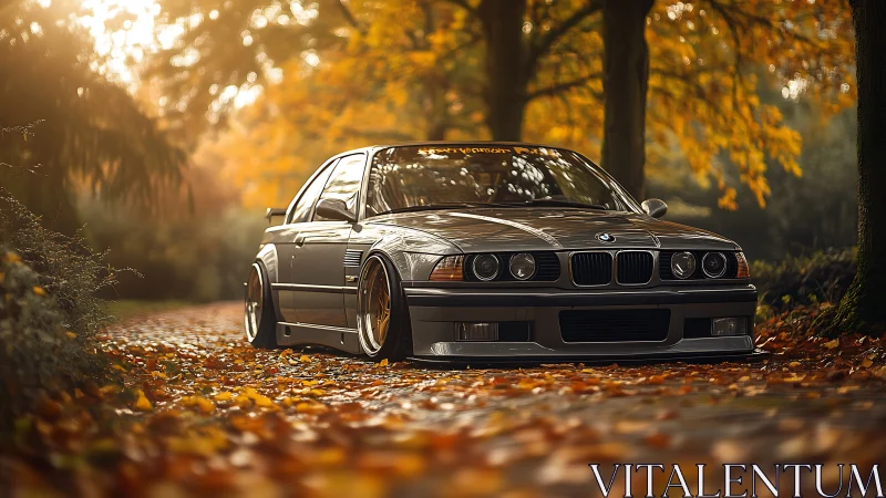Low-slung BMW E36 coupe amid autumnal bokeh-lit forest road.
