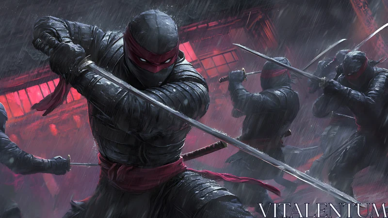 Midnight ninja clash in rain soaked crimson alleyway.