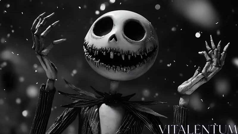 Monochrome skeletal character portrait in dramatic 3D lighting.