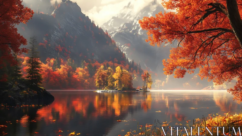 Autumn alpine lake with glowing foliage and misted peaks.