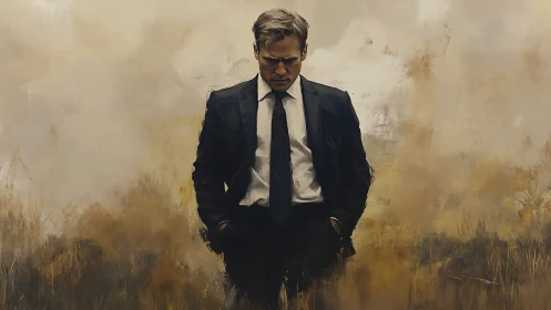 Solitary suited figure in desaturated, textured abstract landscape