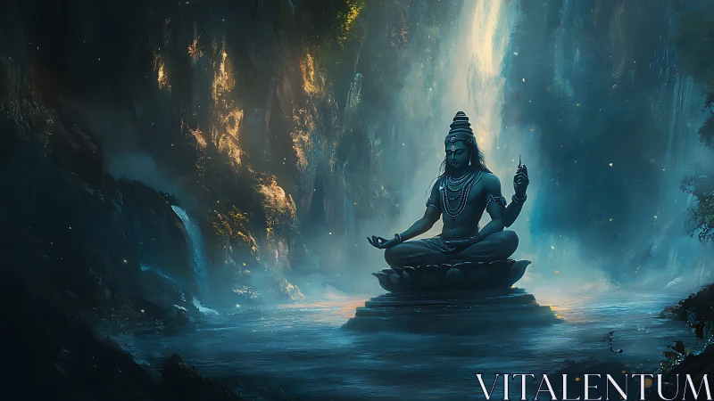 Moonlit river sanctuary cradles meditating blue deity