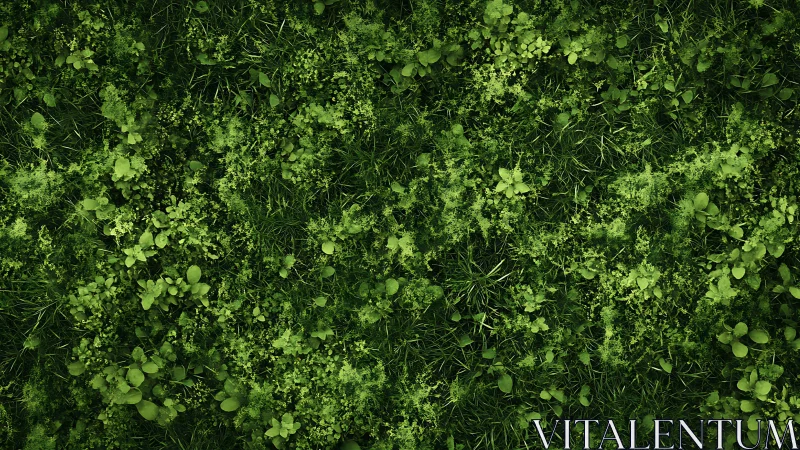 Emerald mosswork tapestry of leaves, clover, and wild grass.