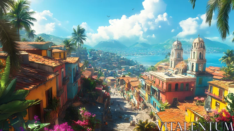 Hillside coastal town shows colorful houses and distant bay