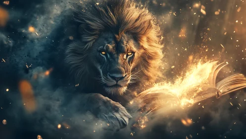 Mythic lion illuminated by blazing spellbook in dynamic embers field