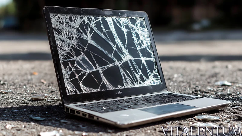 Ultrabook laptop with fully shattered LCD panel outdoors