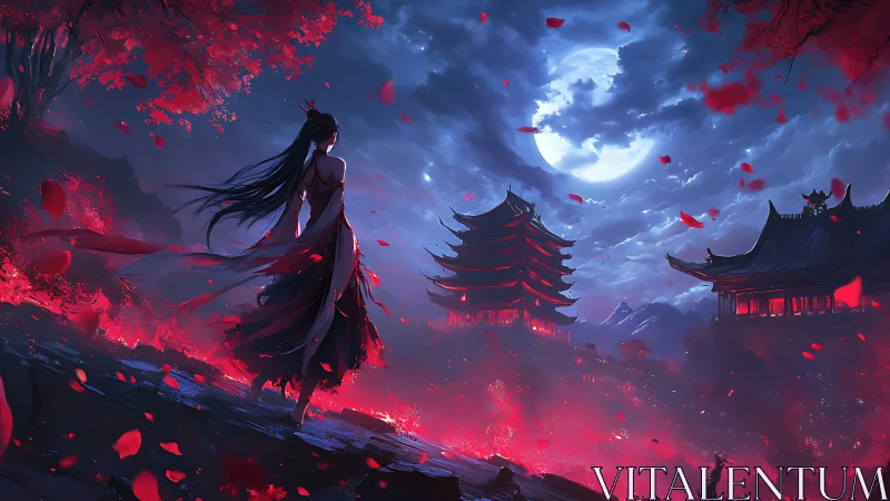 Woman overlooking moonlit pagodas amid red blossoms.