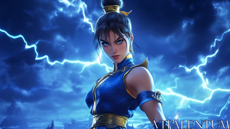 Dynamic anime warrior amid electric storm lighting study.