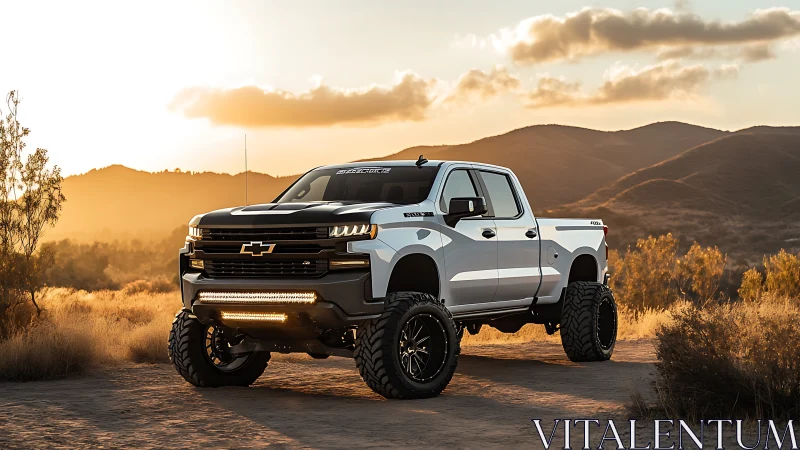 Sunset-lifted Silverado prowls dusty hills with rugged swagger.