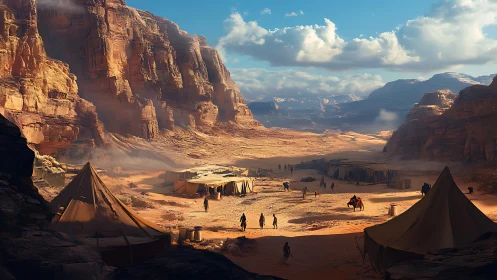 Digital painting of desert canyon caravan encampment panorama.