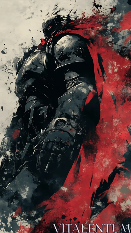 Steel warlord emerging through crimson storm brushstrokes.