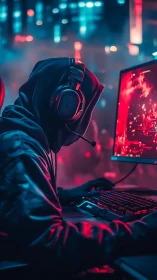 Neon night gamer locked into a glowing cyber cityscape.