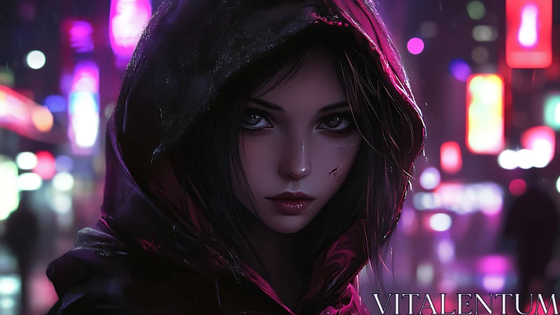 Hooded cyberpunk girl rendered with neon rim light and bokeh depth