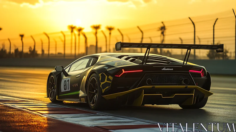 GT race car under low-angle sunset backlight on wet circuit