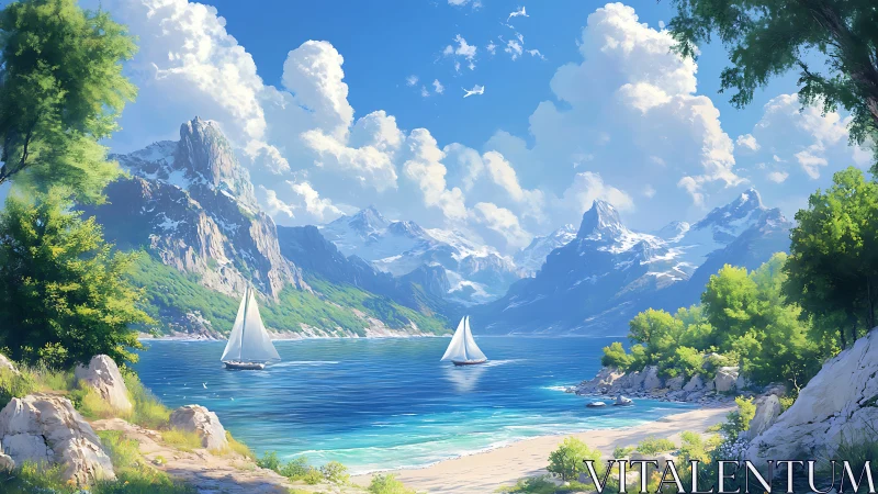 Sunlit alpine bay with white sailboats and vivid clouds.