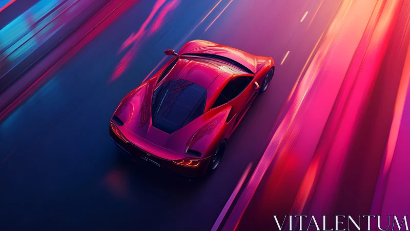 Neon red supercar glides through luminous cyber highway.