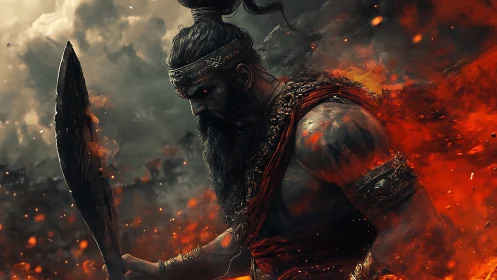 Warrior stands amid dense fire, smoke and overcast sky