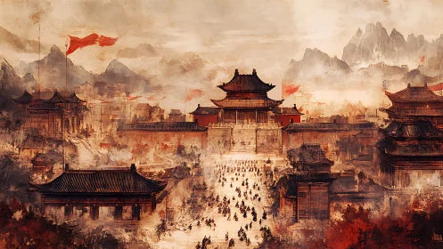 Epic imperial fortress rises amid mist and marching armies