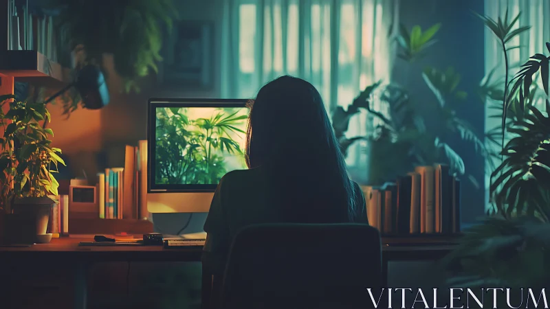 Woman at glowing desktop creates calm, plant-filled workspace