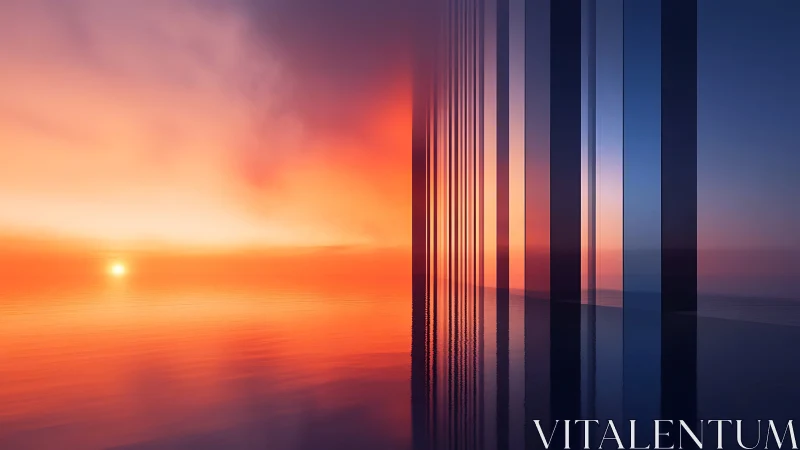 Sunset horizon dissolves into mirrored geometric portals