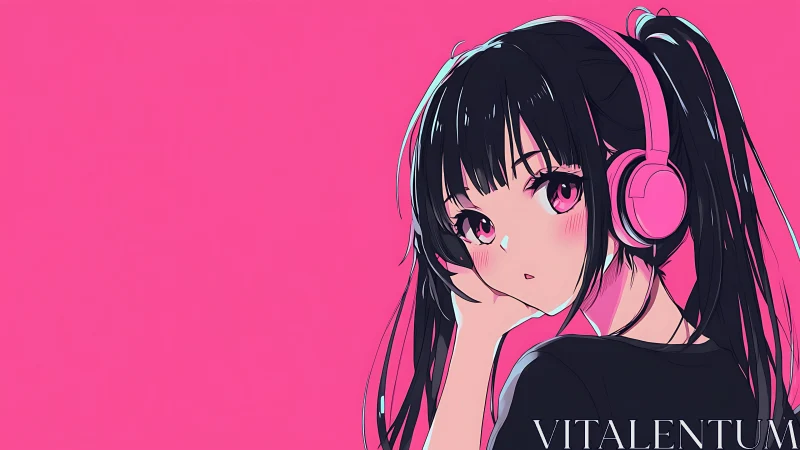 Girl with pink headphones listens against solid neon background