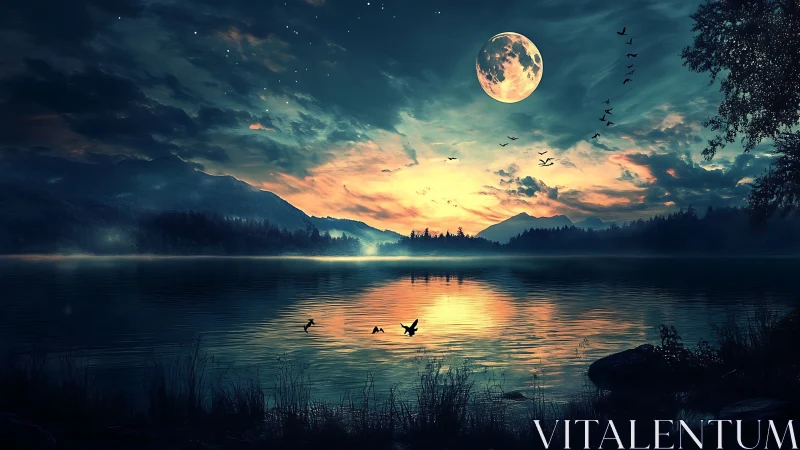 Moonlit lake hush with birds sketching twilight secrets.