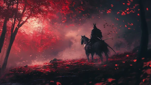 Armored rider pauses in crimson forest under diffuse backlight